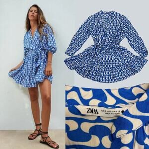 ZARA S Blue & White Swirl Print Wrap Dress | Belted, Long Sleeve, Pleated Hem